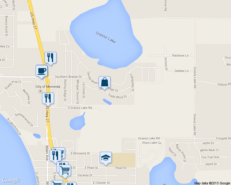 map of restaurants, bars, coffee shops, grocery stores, and more near 344 Valley Edge Drive in Minneola