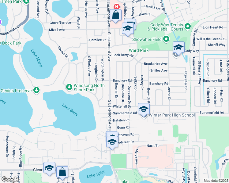 map of restaurants, bars, coffee shops, grocery stores, and more near 641 Brechin Dr in Winter Park