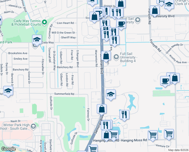 map of restaurants, bars, coffee shops, grocery stores, and more near 642 Monmouth Way in Winter Park