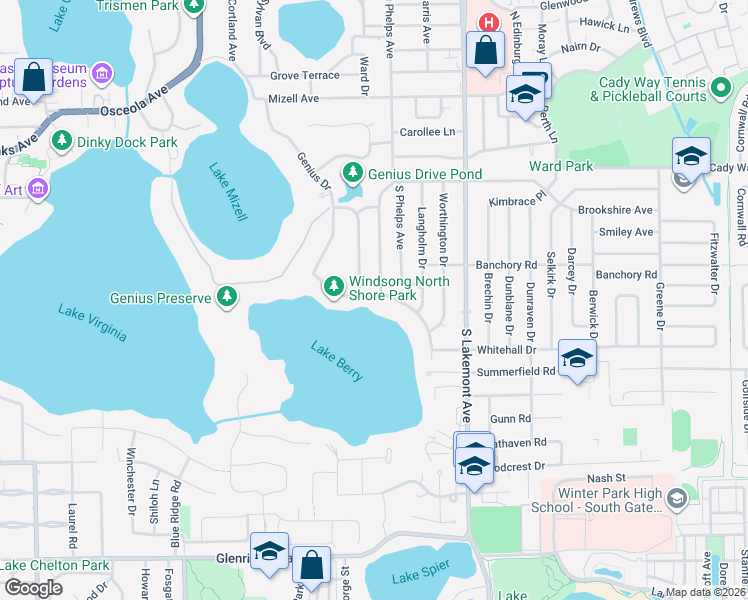 map of restaurants, bars, coffee shops, grocery stores, and more near 643 Balmoral Road in Winter Park