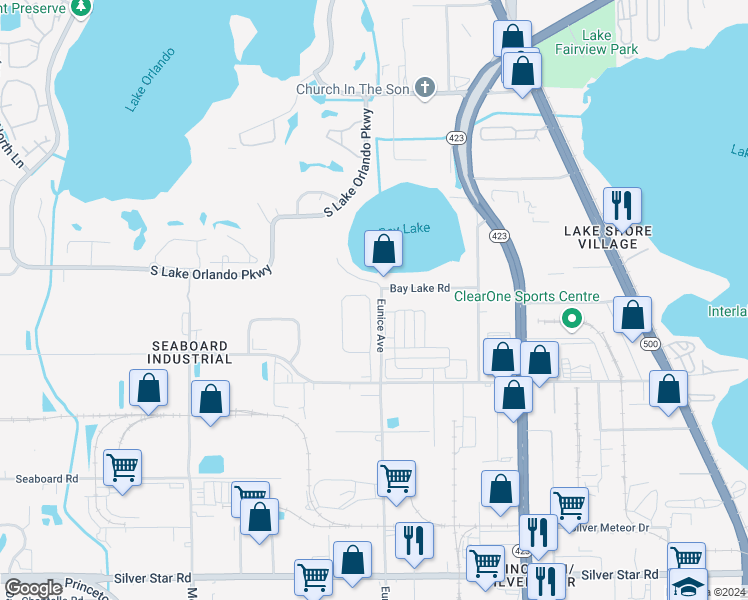 map of restaurants, bars, coffee shops, grocery stores, and more near 3553 Seneca Club Loop in Orlando