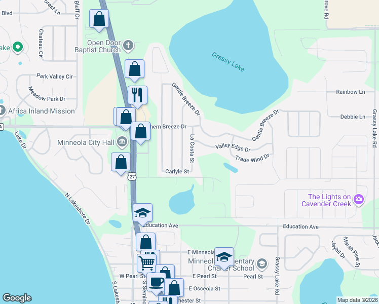 map of restaurants, bars, coffee shops, grocery stores, and more near 653 La Costa Street in Minneola