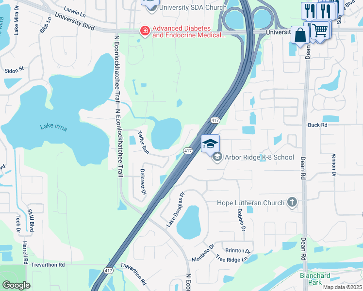 map of restaurants, bars, coffee shops, grocery stores, and more near 9355 Telfer Run in Orlando