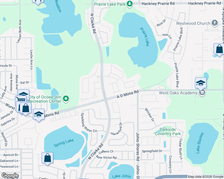 map of restaurants, bars, coffee shops, grocery stores, and more near 2050 Harebell Lane in Ocoee