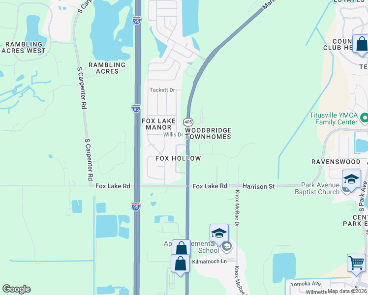 map of restaurants, bars, coffee shops, grocery stores, and more near 3475 Fox Hollow Drive in Titusville