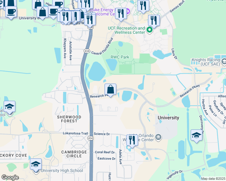 map of restaurants, bars, coffee shops, grocery stores, and more near 12001 Research Parkway in Orlando