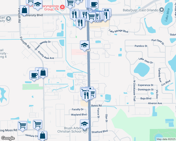 map of restaurants, bars, coffee shops, grocery stores, and more near 3400 North Goldenrod Road in Winter Park