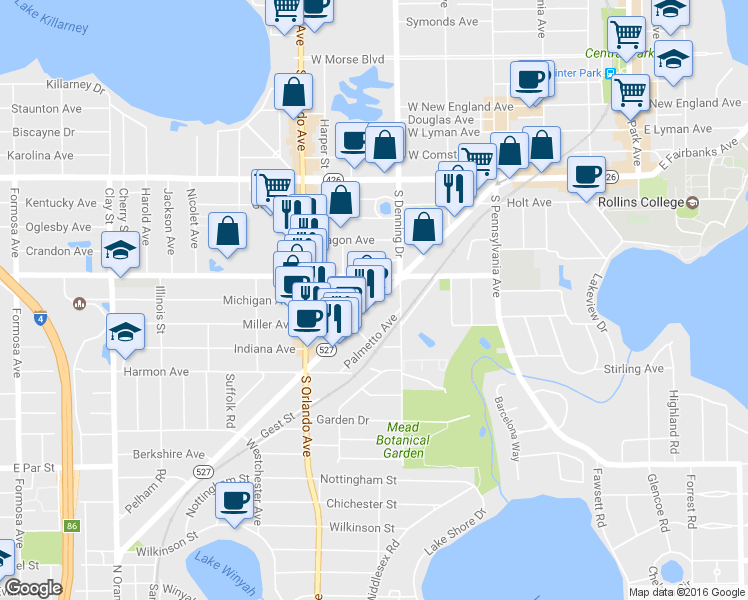 map of restaurants, bars, coffee shops, grocery stores, and more near 1222 North Orange Avenue in Winter Park
