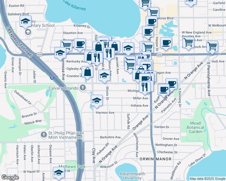 map of restaurants, bars, coffee shops, grocery stores, and more near 1534 Michigan Ave in Winter Park
