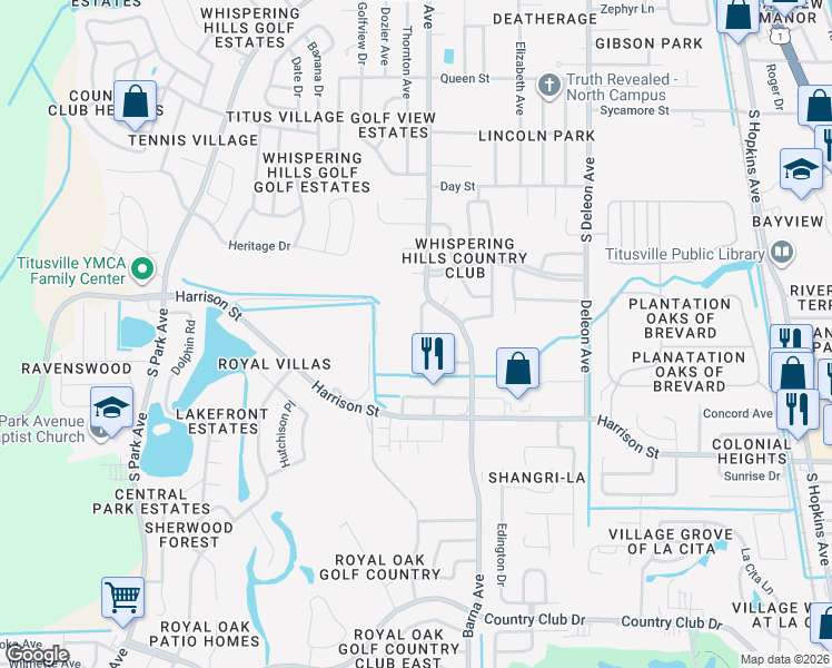 map of restaurants, bars, coffee shops, grocery stores, and more near 2250 Talmadge Drive in Titusville