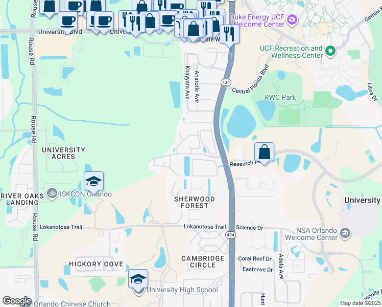 map of restaurants, bars, coffee shops, grocery stores, and more near 3403 Saddle Boulevard in Orlando