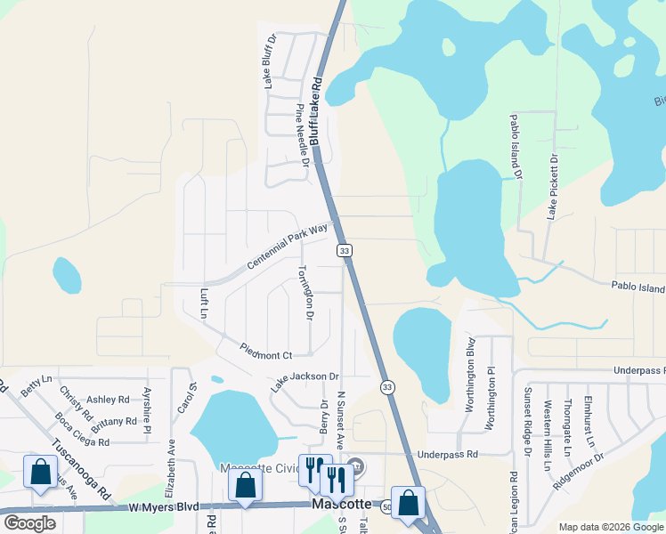 map of restaurants, bars, coffee shops, grocery stores, and more near 617 Huey Street in Mascotte