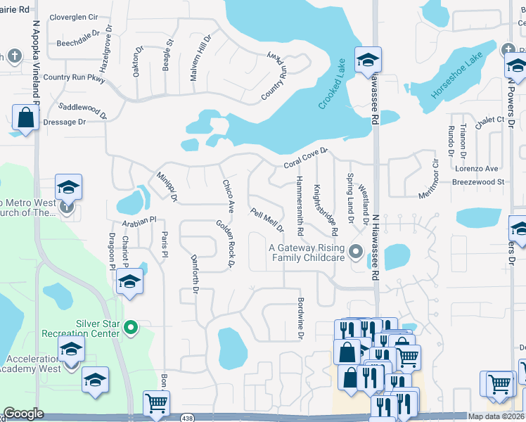 map of restaurants, bars, coffee shops, grocery stores, and more near 3169 Pell Mell Drive in Orlando
