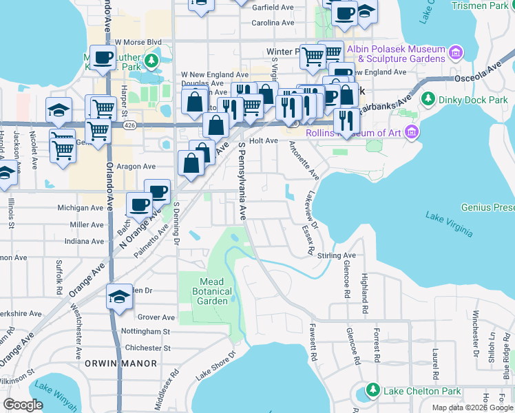 map of restaurants, bars, coffee shops, grocery stores, and more near 500 Clarendon Avenue in Winter Park
