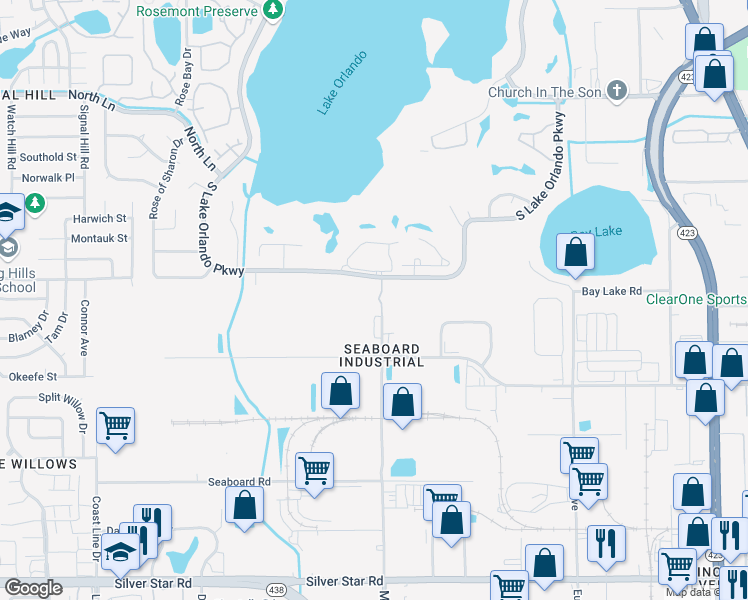 map of restaurants, bars, coffee shops, grocery stores, and more near 3680 Mercy Drive in Orlando