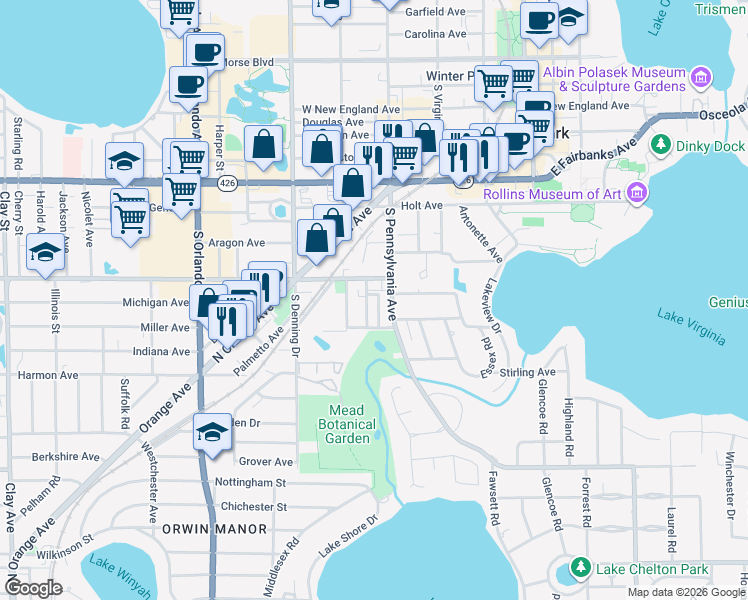 map of restaurants, bars, coffee shops, grocery stores, and more near 1112 Washington Avenue in Winter Park