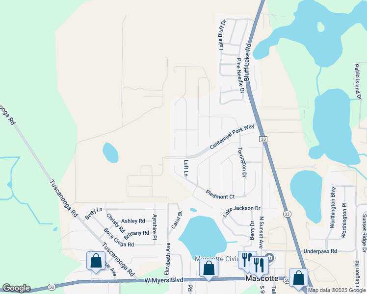 map of restaurants, bars, coffee shops, grocery stores, and more near 2365 Crossandra Street in Mascotte