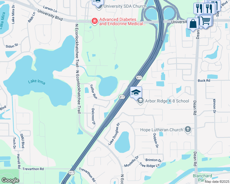 map of restaurants, bars, coffee shops, grocery stores, and more near 9355 Telfer Run in Orlando