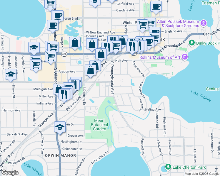 map of restaurants, bars, coffee shops, grocery stores, and more near 1147 South Pennsylvania Avenue in Winter Park