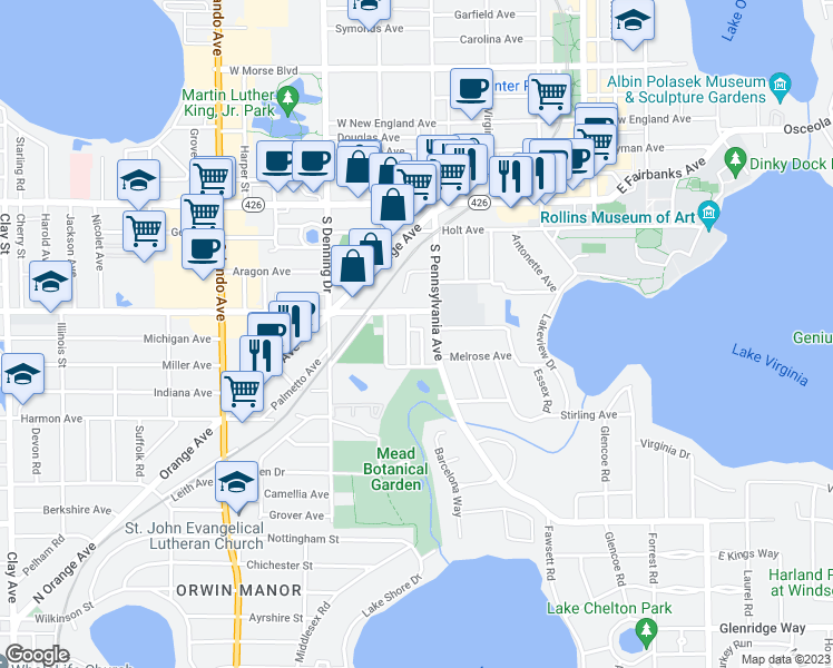 map of restaurants, bars, coffee shops, grocery stores, and more near 1147 South Pennsylvania Avenue in Winter Park