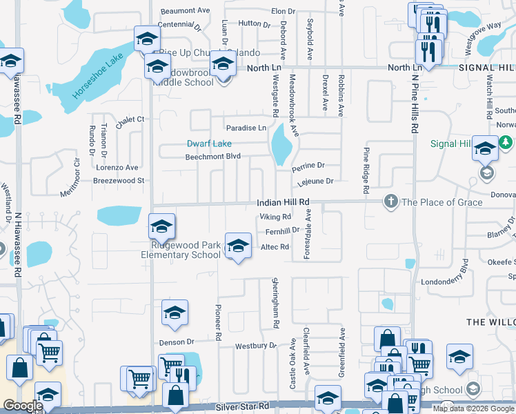 map of restaurants, bars, coffee shops, grocery stores, and more near 5903 Viking Road in Orlando