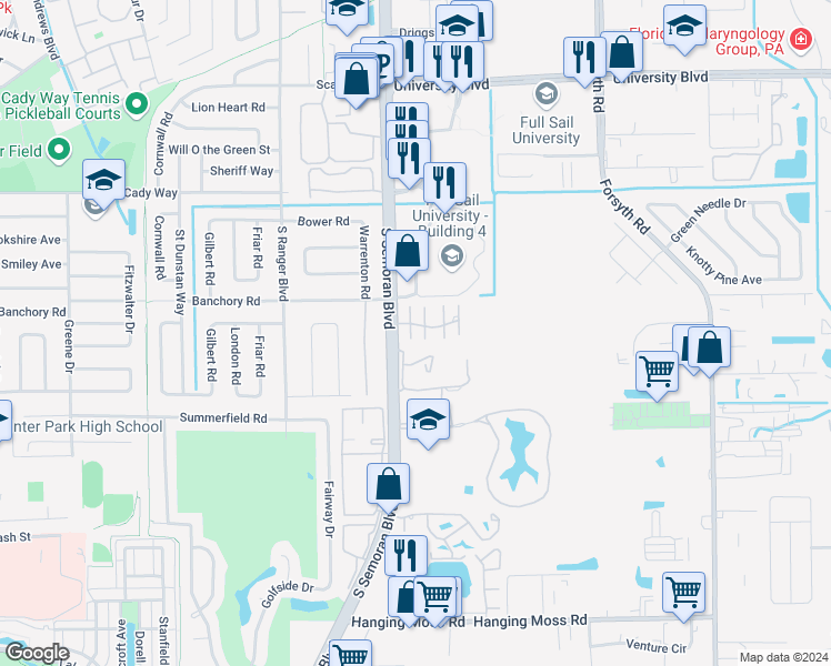 map of restaurants, bars, coffee shops, grocery stores, and more near 656 Saint Johns Court in Winter Park
