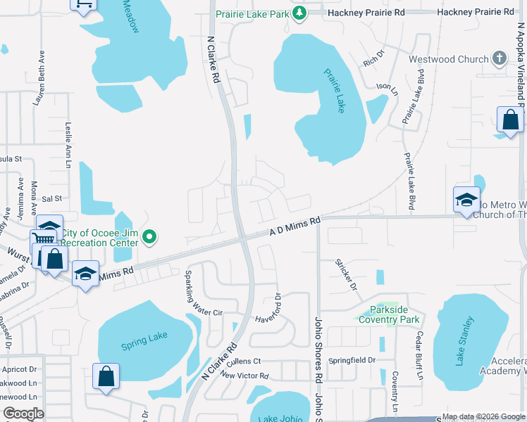 map of restaurants, bars, coffee shops, grocery stores, and more near 2050 Harebell Lane in Ocoee