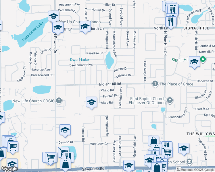 map of restaurants, bars, coffee shops, grocery stores, and more near 5903 Viking Road in Orlando