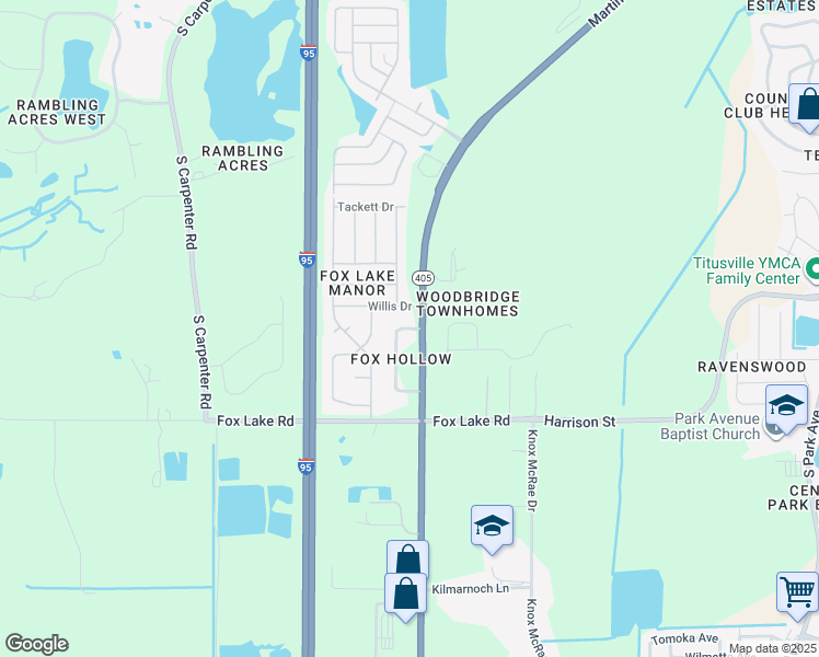 map of restaurants, bars, coffee shops, grocery stores, and more near 2294 Fox Hollow Drive in Titusville