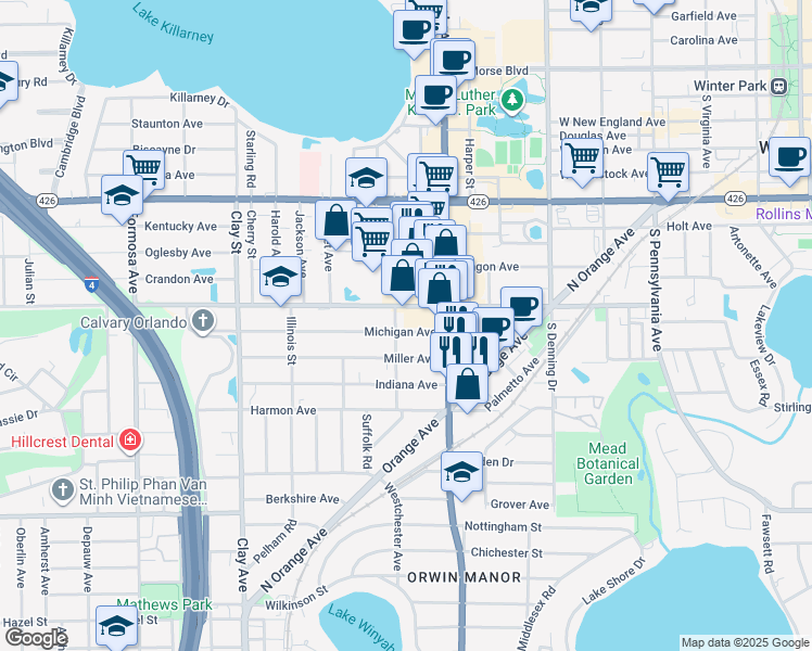 map of restaurants, bars, coffee shops, grocery stores, and more near 1258 Michigan Avenue in Winter Park