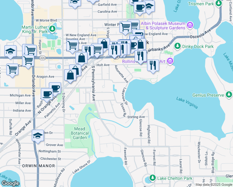 map of restaurants, bars, coffee shops, grocery stores, and more near 1131 Oxford Road in Winter Park