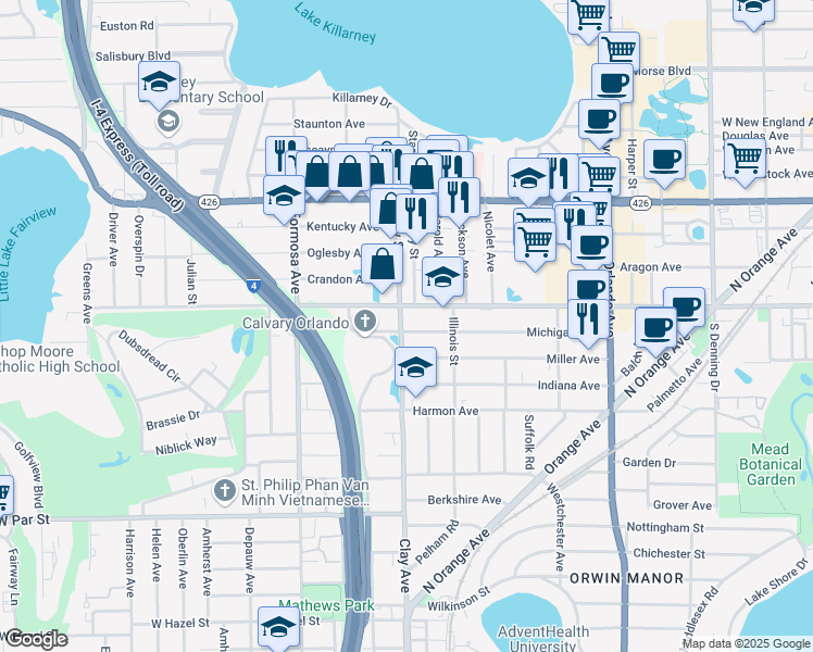 map of restaurants, bars, coffee shops, grocery stores, and more near 1781 Michigan Avenue in Winter Park