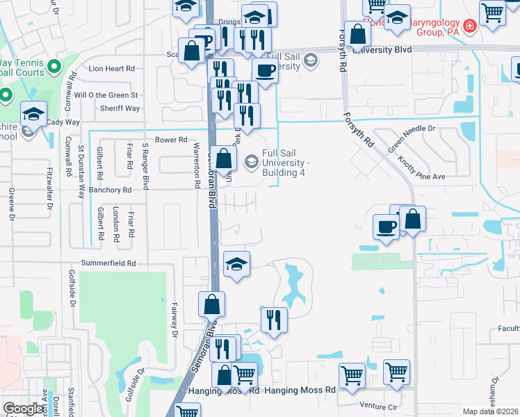 map of restaurants, bars, coffee shops, grocery stores, and more near 668 Grenadine Court in Winter Park