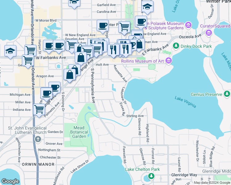 map of restaurants, bars, coffee shops, grocery stores, and more near 1131 Oxford Road in Winter Park