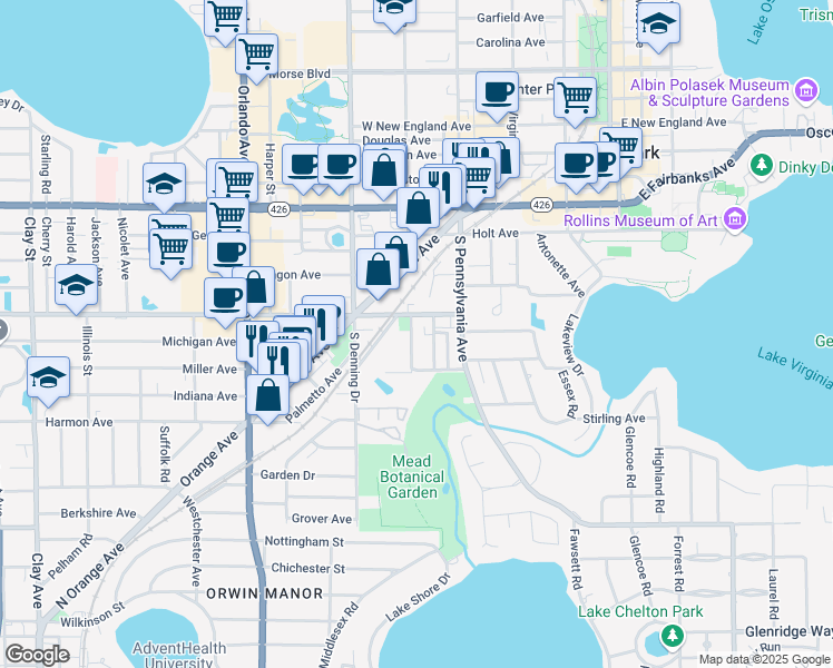 map of restaurants, bars, coffee shops, grocery stores, and more near 1064 Azalea Lane in Winter Park