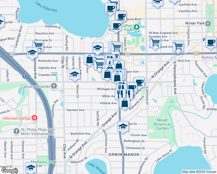 map of restaurants, bars, coffee shops, grocery stores, and more near 1258 Michigan Avenue in Winter Park