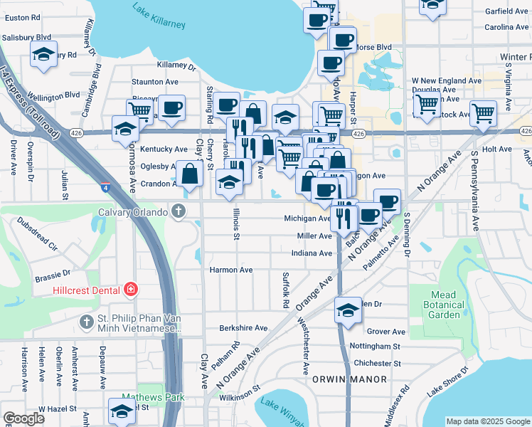 map of restaurants, bars, coffee shops, grocery stores, and more near 1442 Michigan Avenue in Winter Park