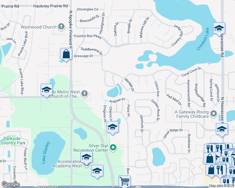 map of restaurants, bars, coffee shops, grocery stores, and more near 7831 Arabian Place in Orlando