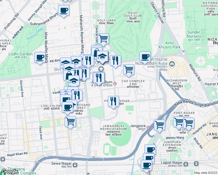 map of restaurants, bars, coffee shops, grocery stores, and more near in New Delhi