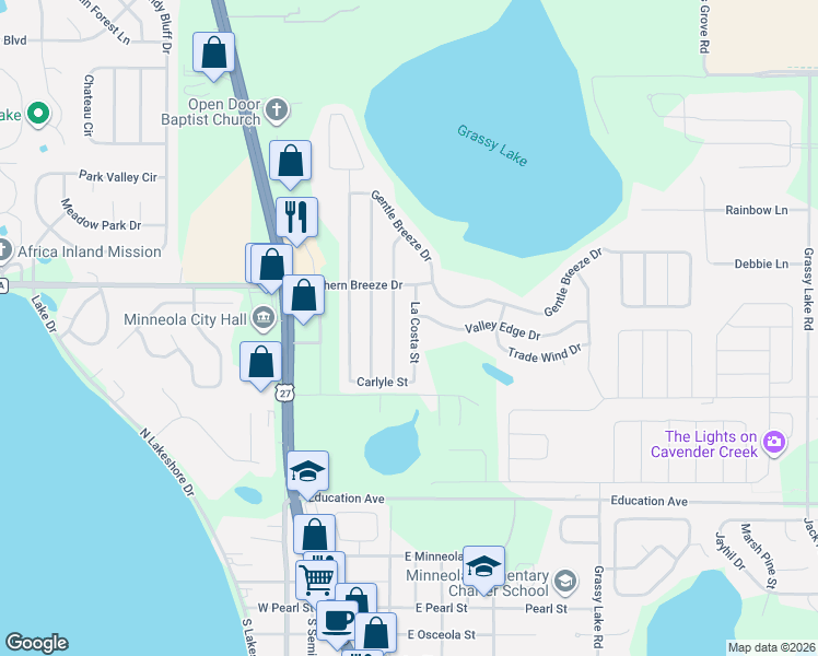 map of restaurants, bars, coffee shops, grocery stores, and more near 653 La Costa Street in Minneola