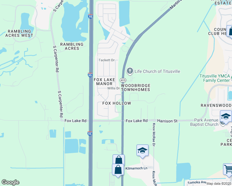 map of restaurants, bars, coffee shops, grocery stores, and more near 3492 Fox Hollow Drive in Titusville