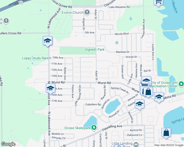 map of restaurants, bars, coffee shops, grocery stores, and more near 474 New Meadows Court in Ocoee
