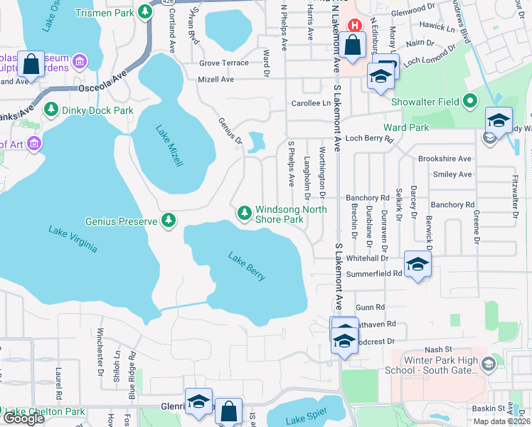 map of restaurants, bars, coffee shops, grocery stores, and more near 643 Balmoral Road in Winter Park