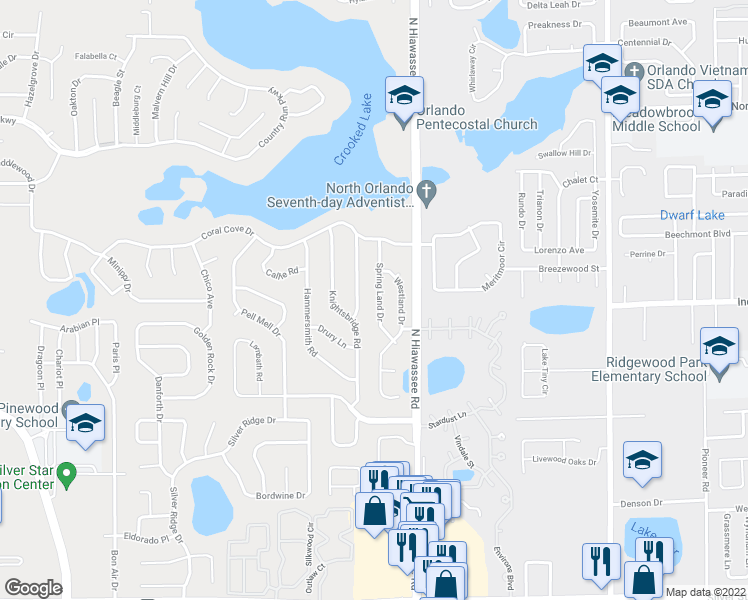 map of restaurants, bars, coffee shops, grocery stores, and more near 3614 Spring Land Drive in Orlando