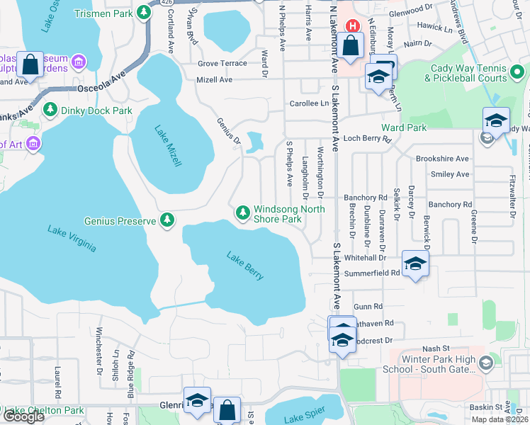 map of restaurants, bars, coffee shops, grocery stores, and more near 643 Balmoral Road in Winter Park