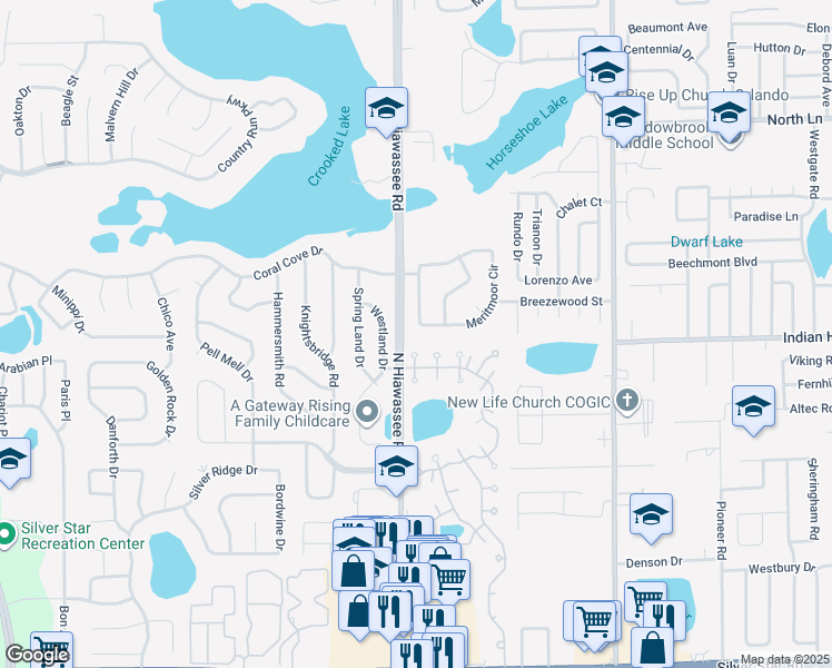 map of restaurants, bars, coffee shops, grocery stores, and more near 6651 Meritmoor Circle in Orlando