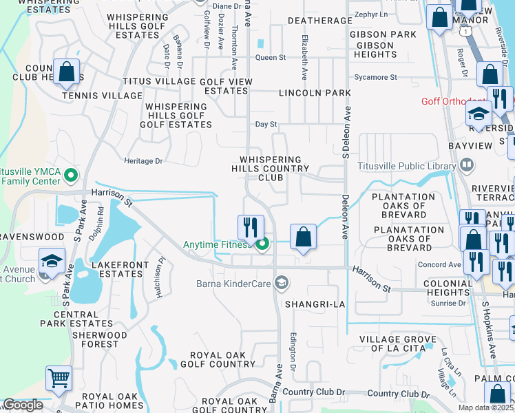 map of restaurants, bars, coffee shops, grocery stores, and more near 2180 Barna Avenue in Titusville