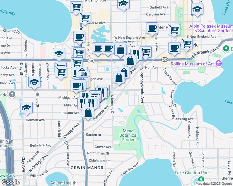 map of restaurants, bars, coffee shops, grocery stores, and more near Barnum Ave in Winter Park