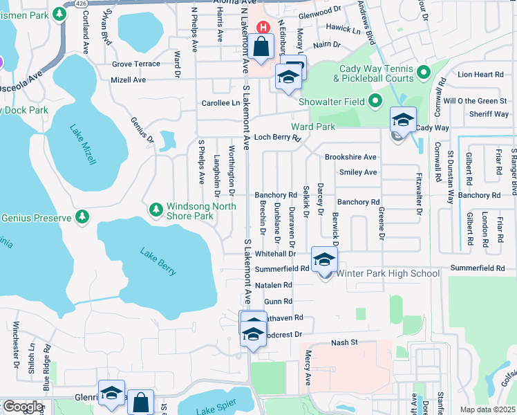 map of restaurants, bars, coffee shops, grocery stores, and more near 641 Brechin Drive in Winter Park