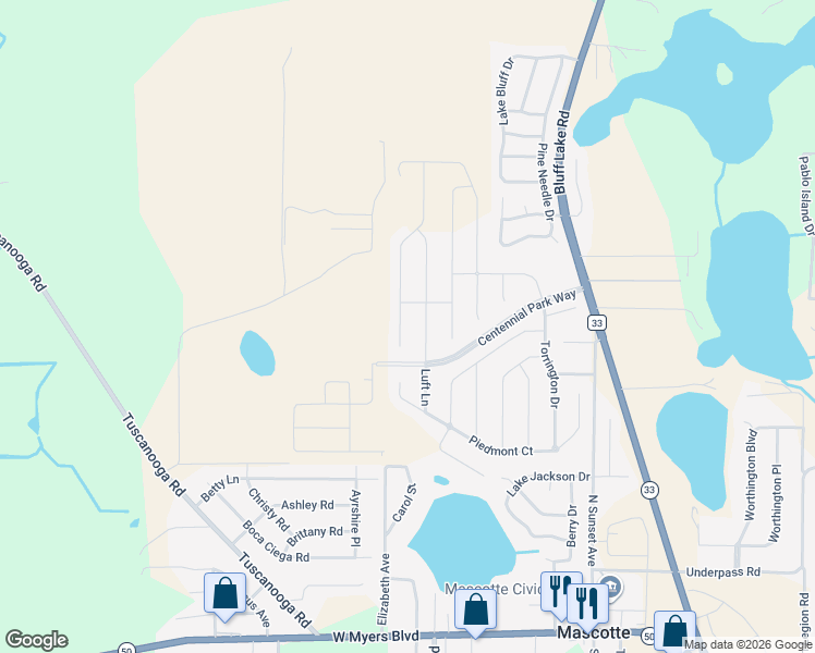 map of restaurants, bars, coffee shops, grocery stores, and more near 2365 Crossandra Street in Mascotte